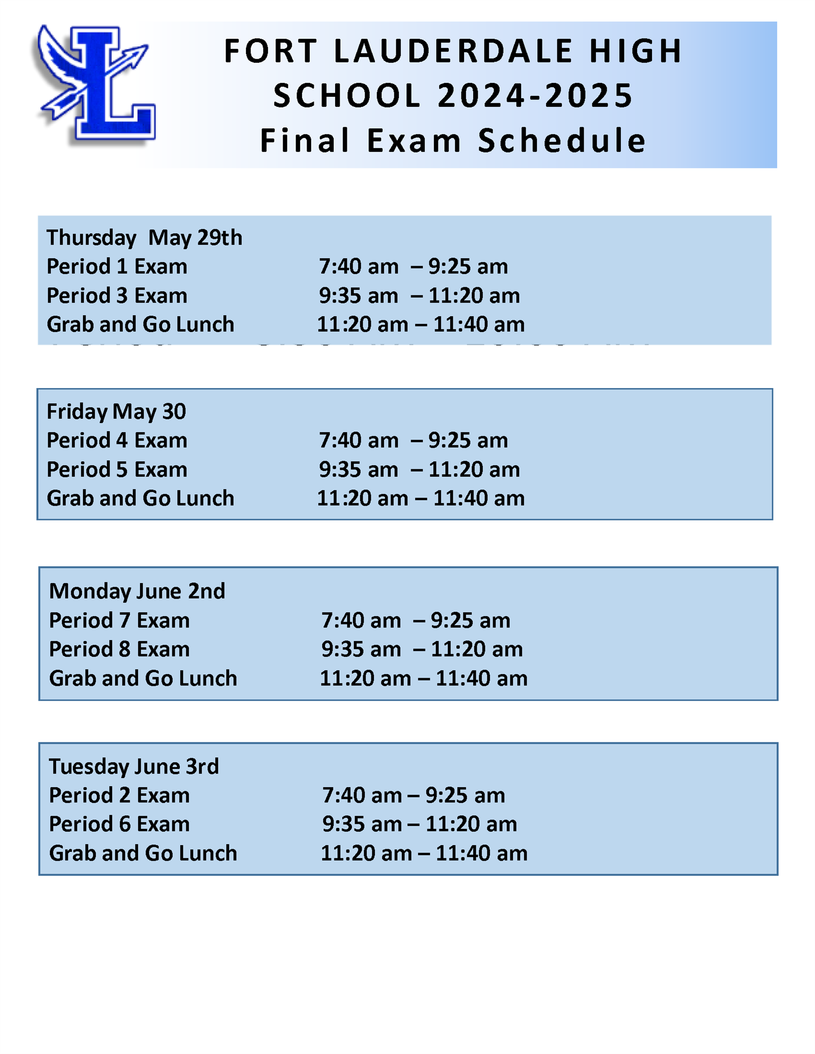  FLHS Underclass Exam Schedule